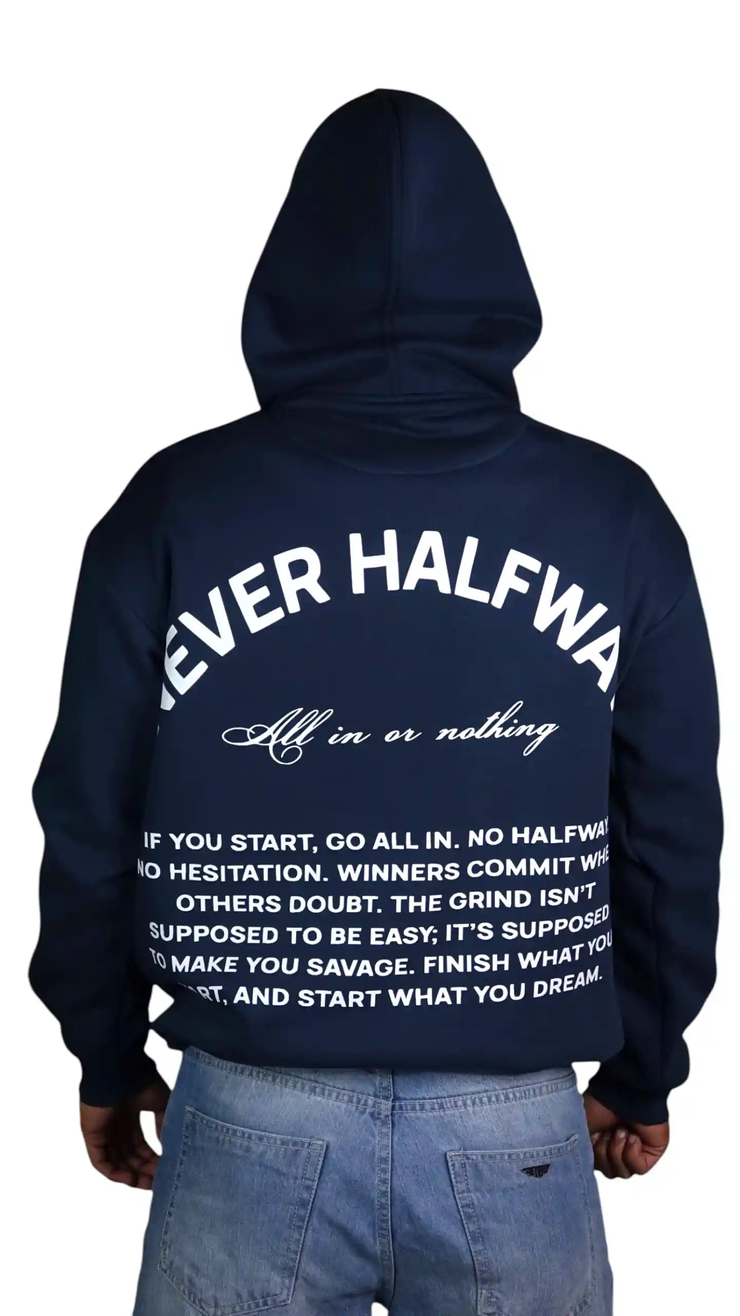 Navy blue hoodie with white text on the back, worn by a person.