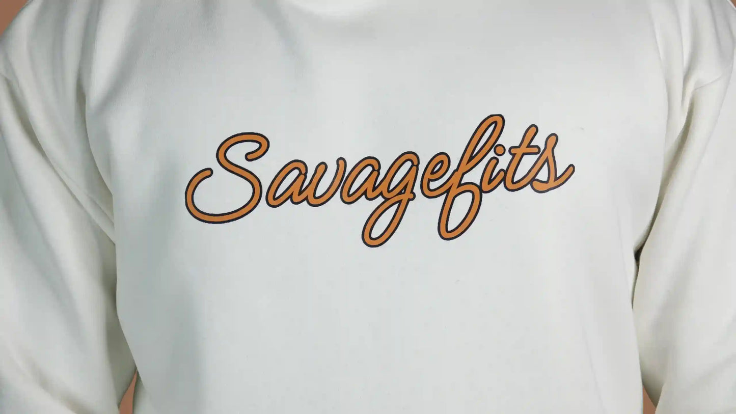Off White hoodie with 'Savagefits' text in brown on a white background