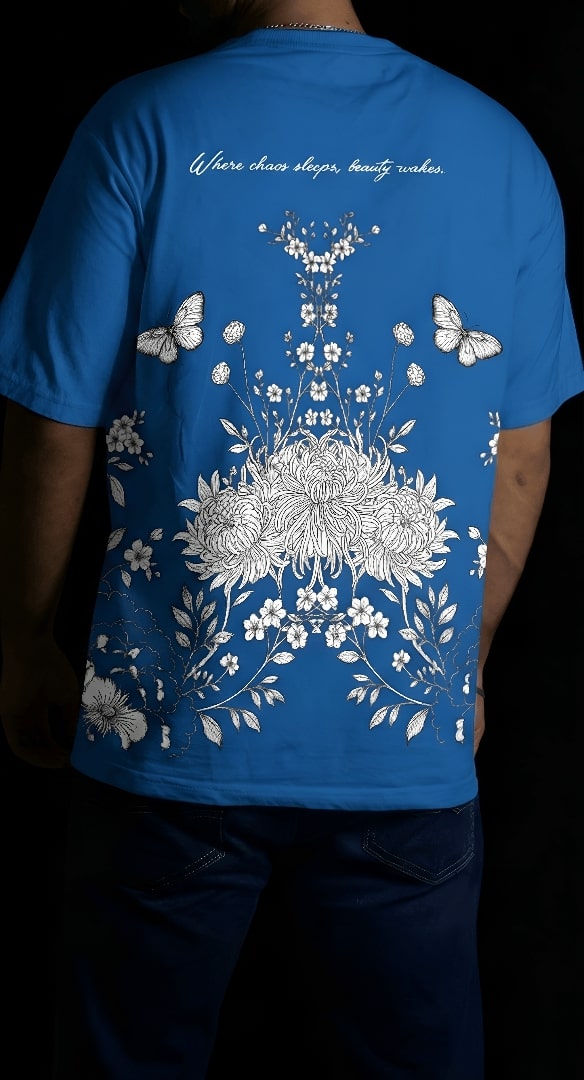 Standing Back view of Beauty Chaos T-shirt