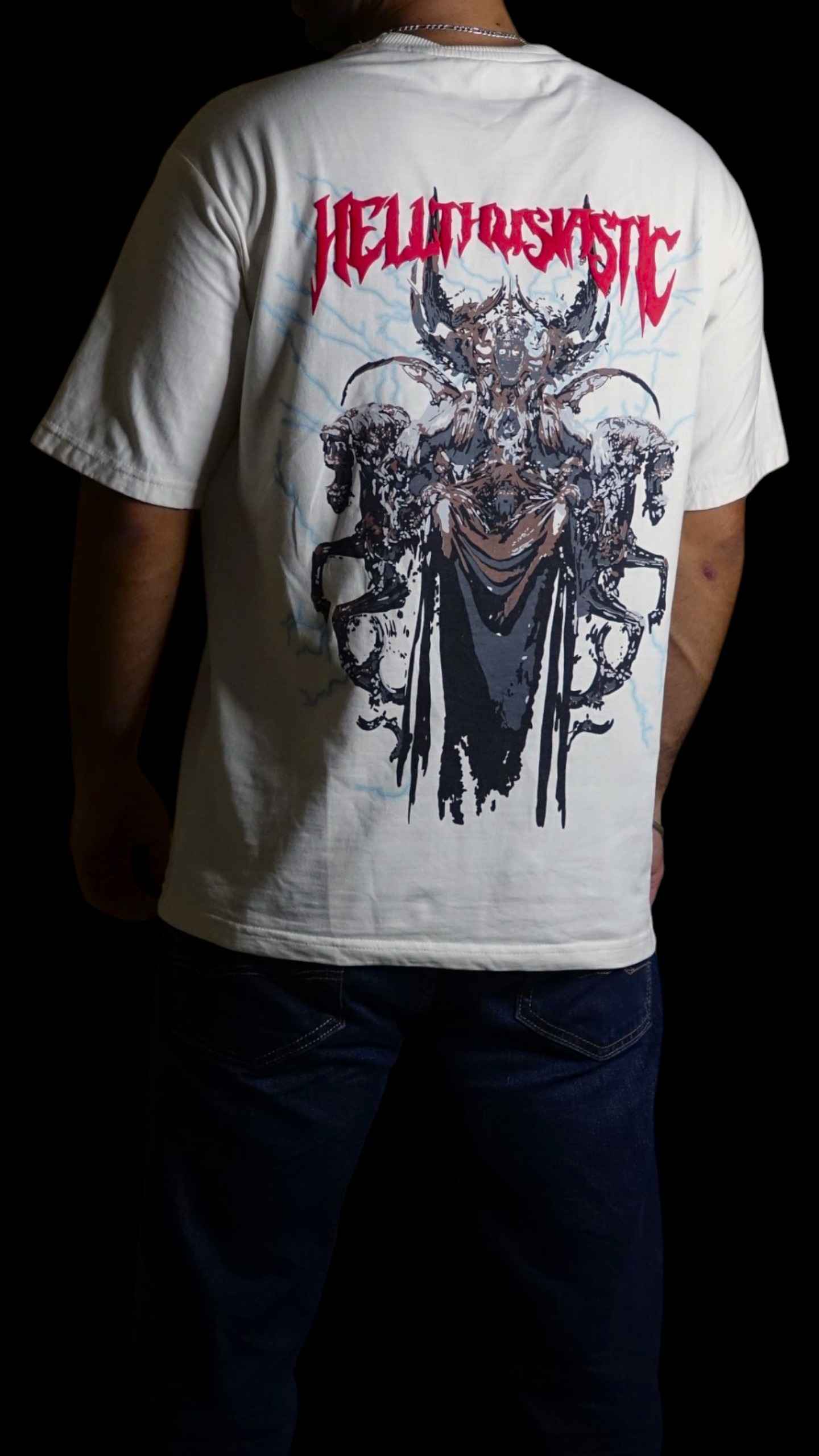 Hellthusiastic streetwear t-shirt standing back view, 100% Terry Cotton