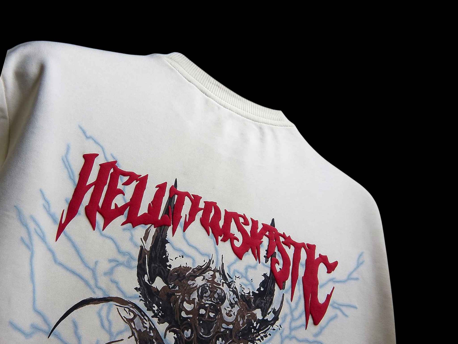 Close-up of Hellthusiastic t-shirt premium screen and puff print