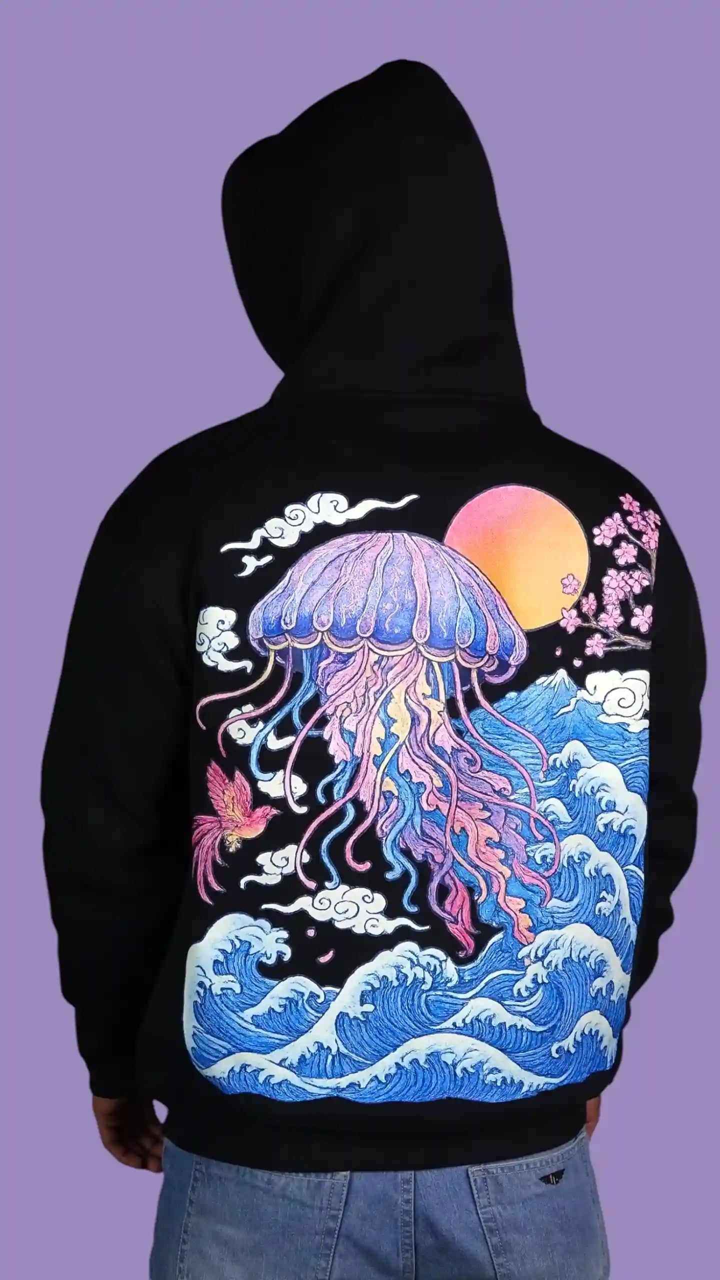 Black hoodie with a colorful jellyfish design on a purple background