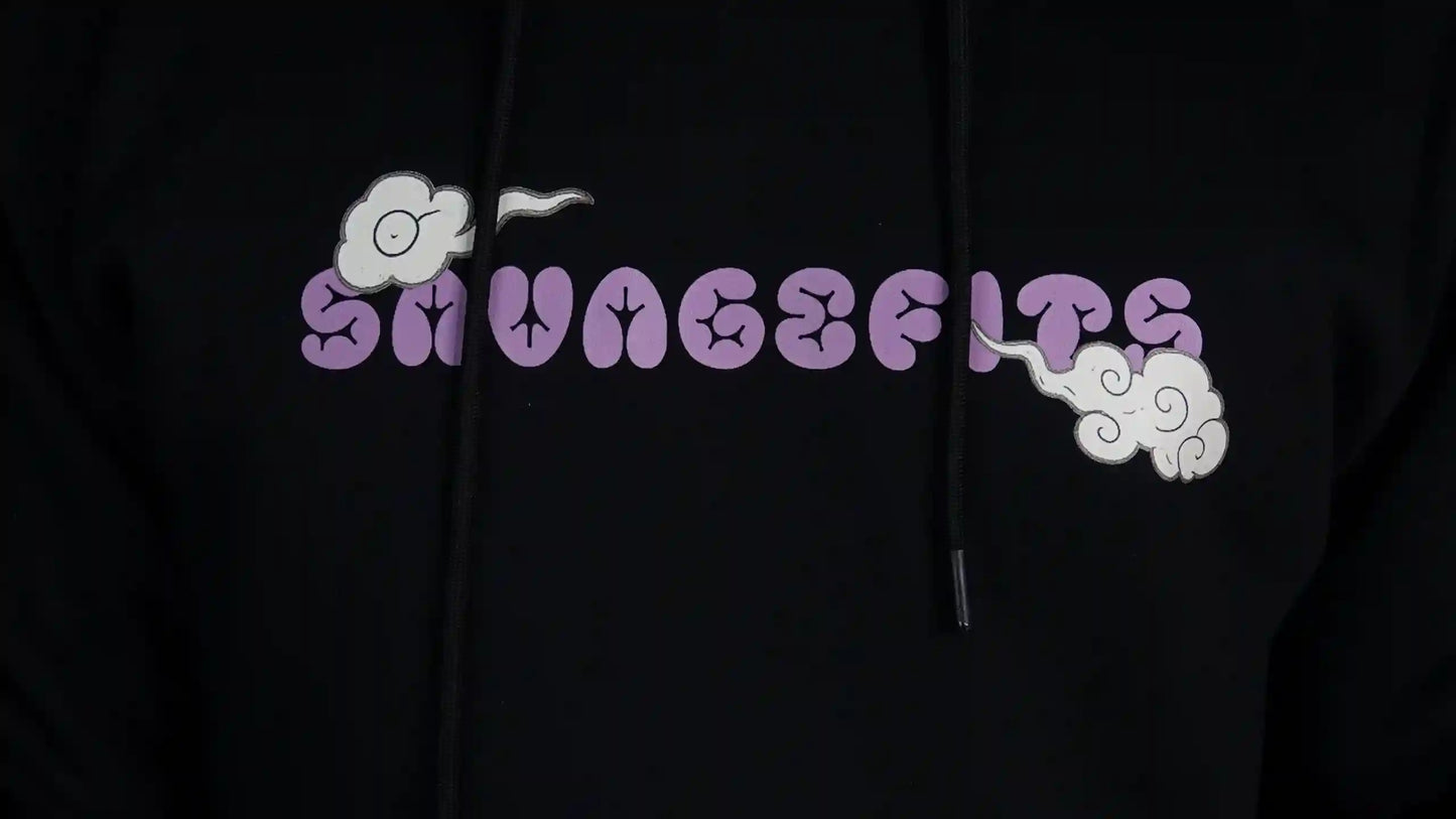 Black hoodie with 'Savagefits' logo in purple and white on a dark background