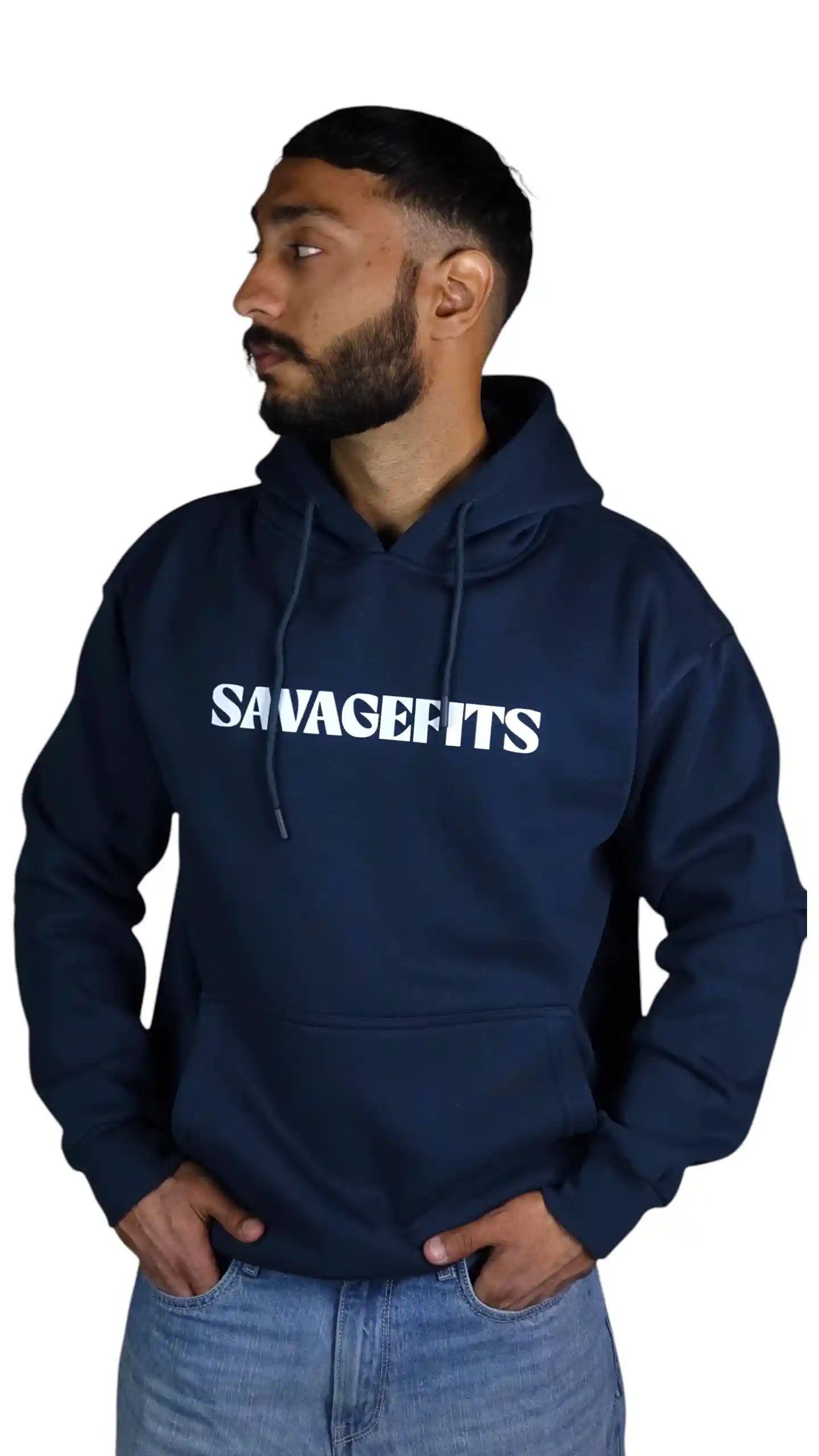 Man wearing a navy hoodie with 'SAVAGEFITS' text on a white background
