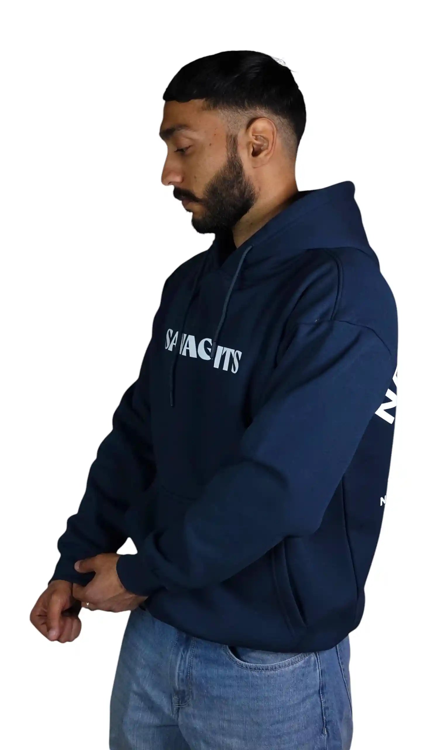 Man wearing a navy hoodie with text on a white background