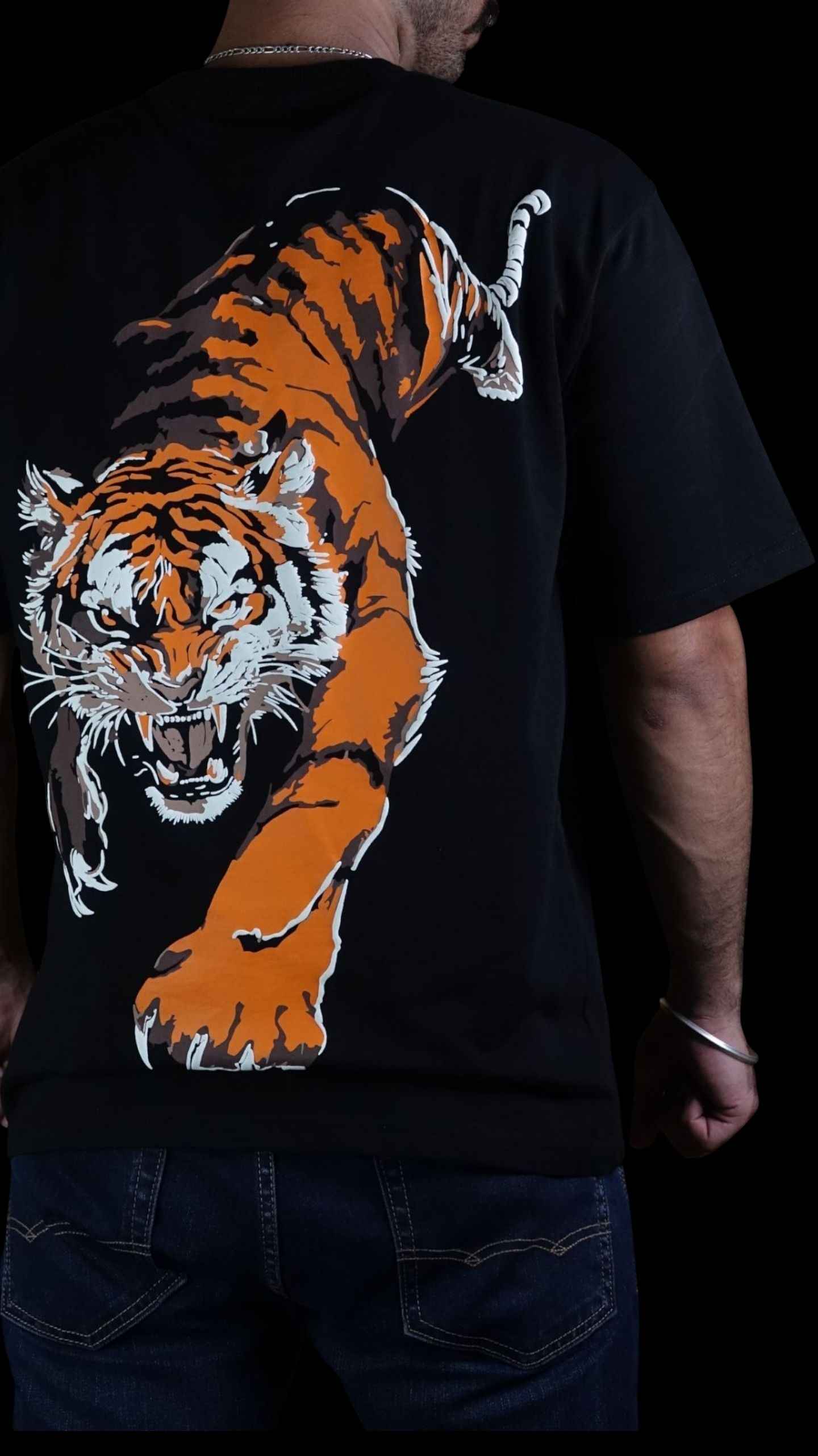 Savage Tiger streetwear t-shirt standing back view, 100% Terry Cotton