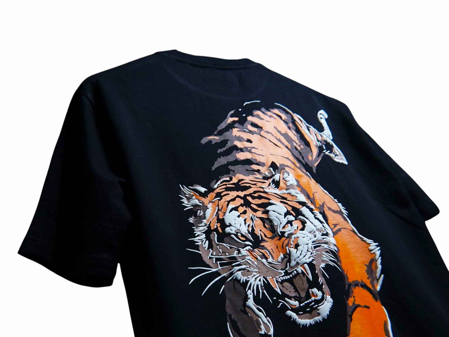Detailed view of Savage Tiger streetwear t-shirt back view, 100% Terry Cotton