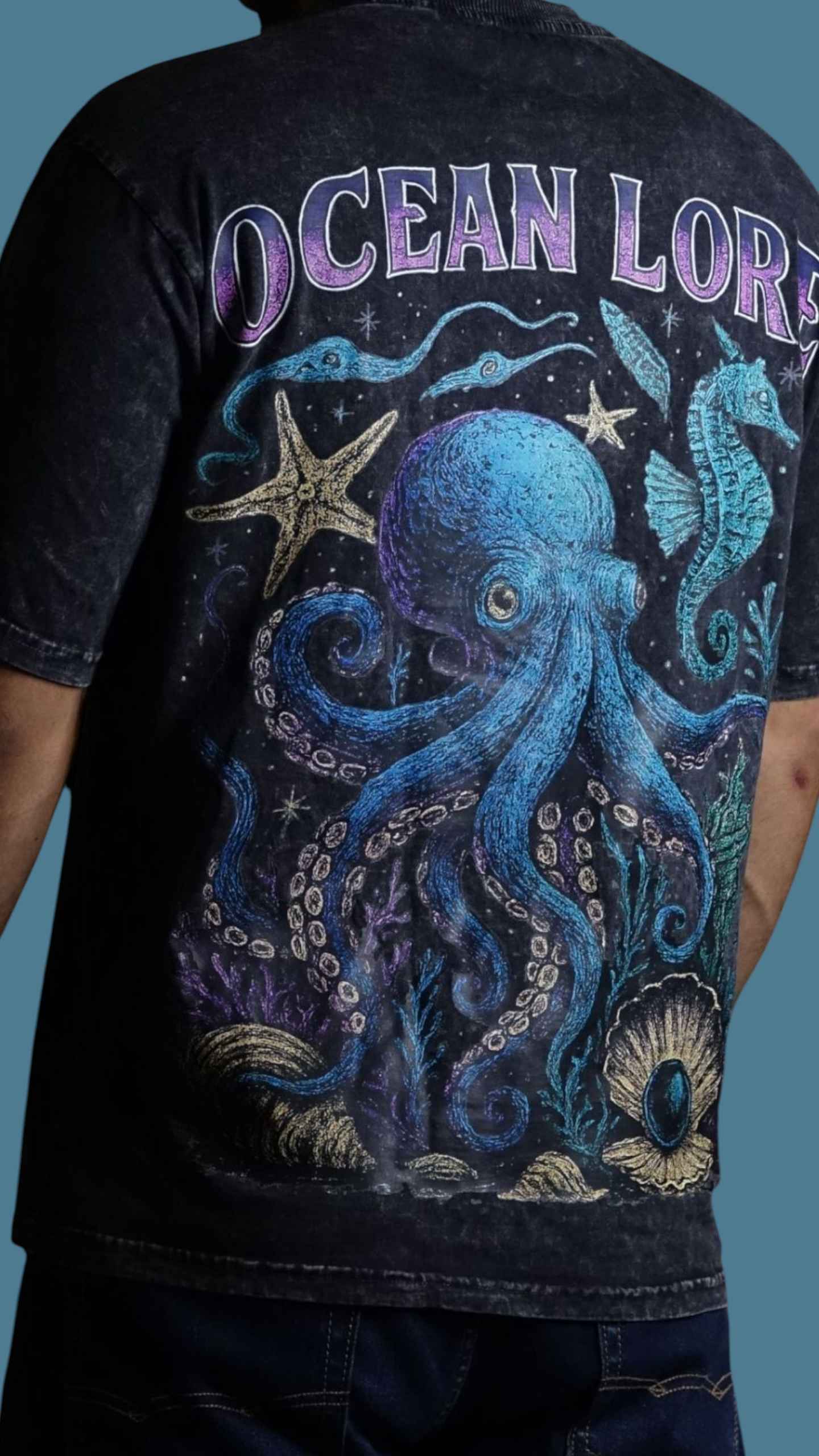 Ocean lore streetwear t-shirt standing back view, Premium Acid Wash