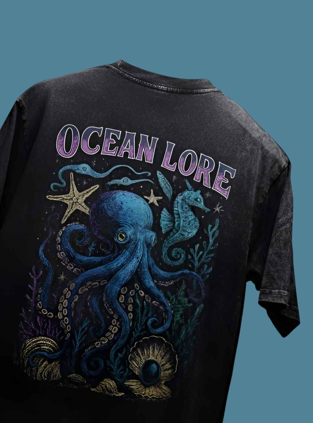 Ocean lore streetwear t-shirt back view, Premium Acid Wash