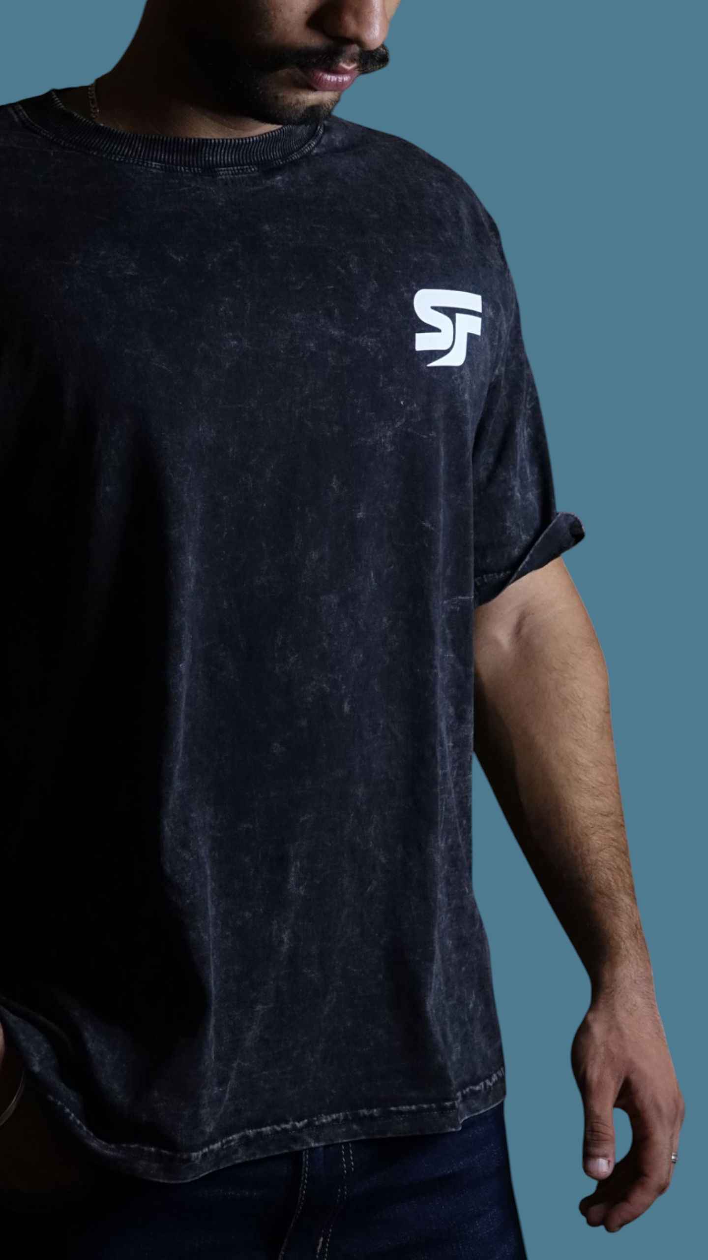 Ocean lore streetwear t-shirt standing front view, Premium Acid Wash