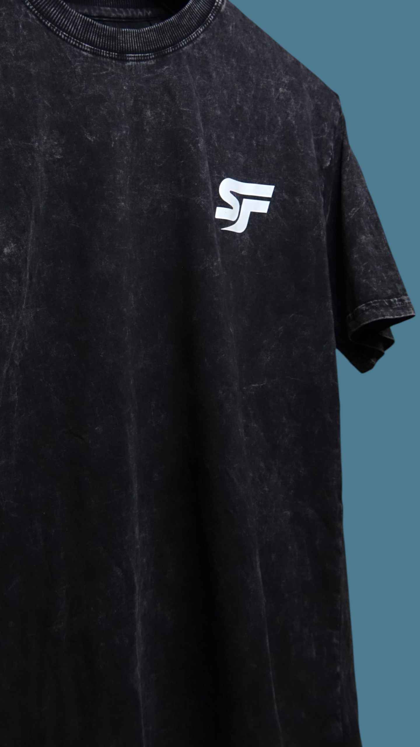 Detailed view of Ocean lore streetwear t-shirt front view, Premium Acid Wash