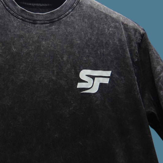 Detailed view of Ocean lore streetwear t-shirt front view, Premium Acid Wash